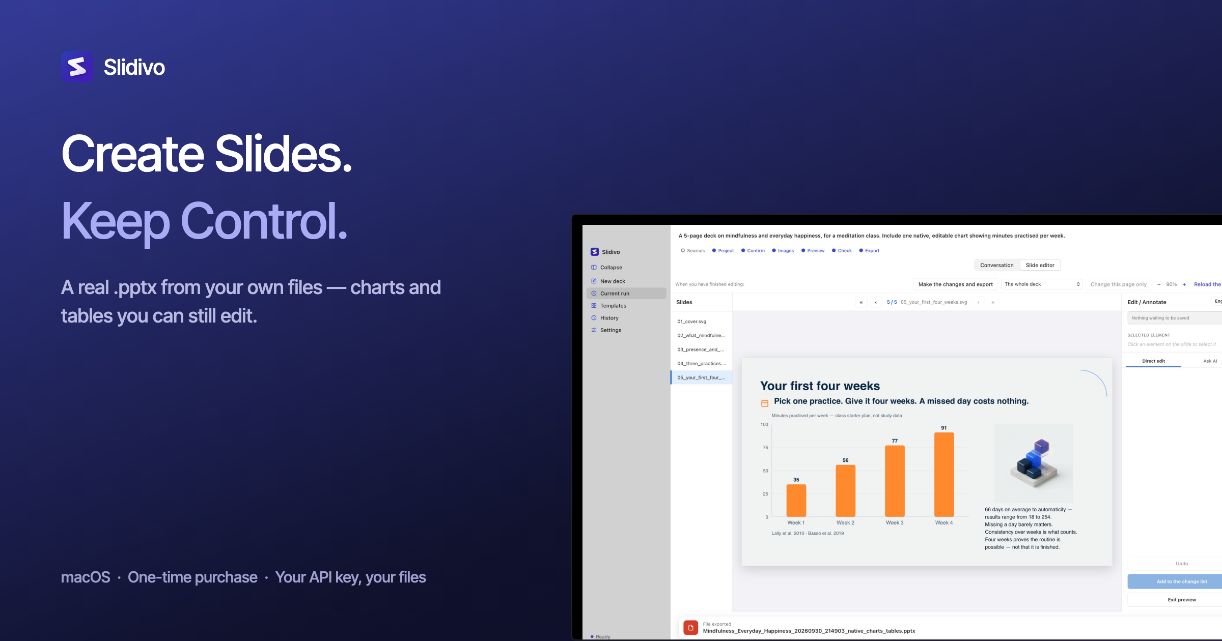 I built Slidivo — a Mac app that turns a doc into a real, editable PowerPoint. No subscription, fi